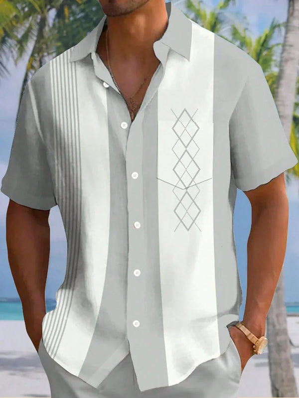 Vintage Geometric Pattern Bowling Shirt With Button Pocket Short Sleeve Shirts For Men